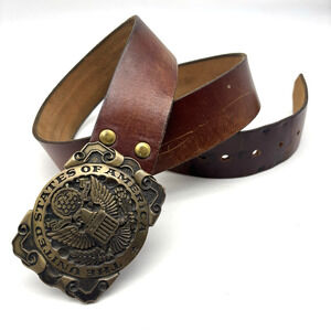 USA Award Design Medals Solid Brass Buckle on 70s Metamorphosis Leathers Belt 40